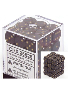 Chessex Opaque 36x 12mm Dice Black with Gold